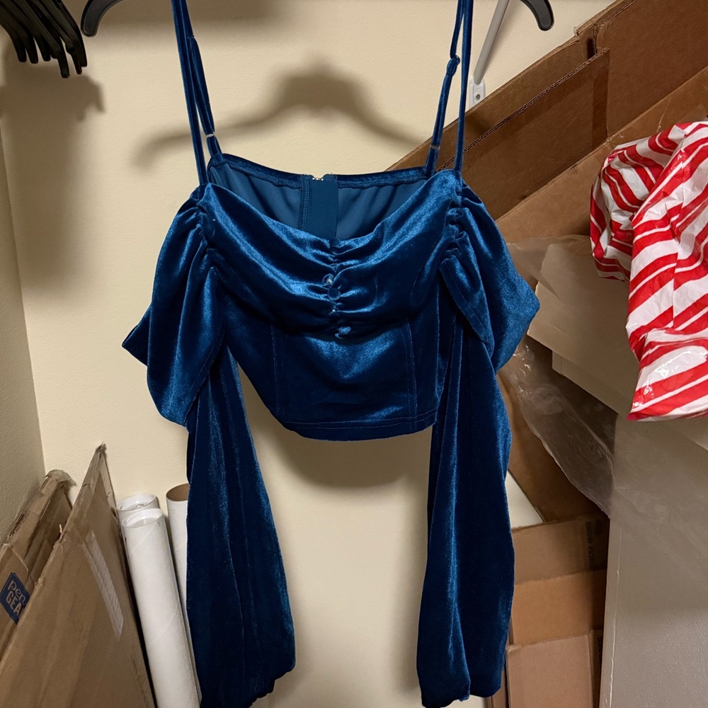 Cider Blue Velvet Off-Shoulder Blouse - Picture 2 of 2
